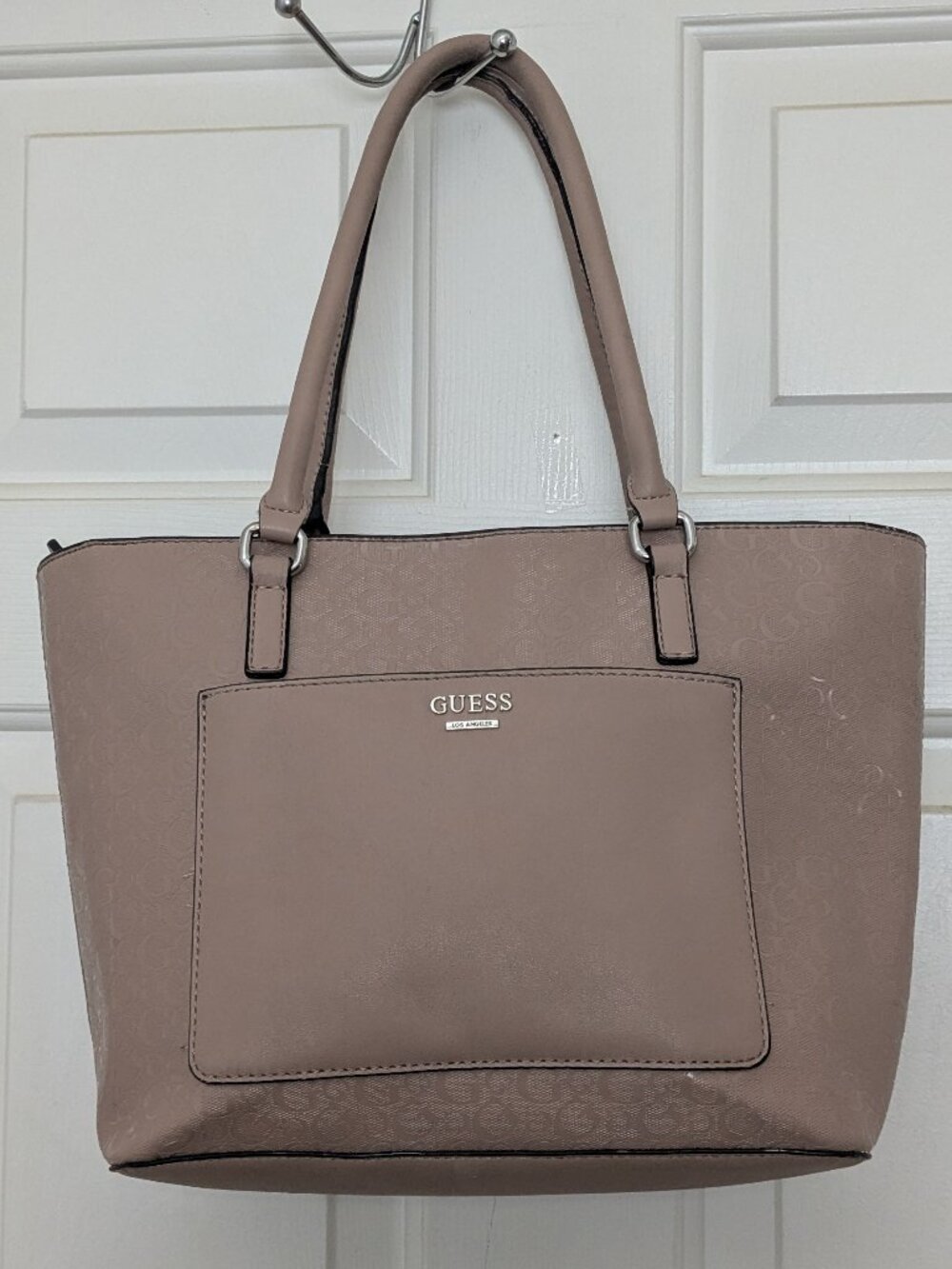 Guess Women's Tote Bag With Repeating G Logo Patent Leather Brown